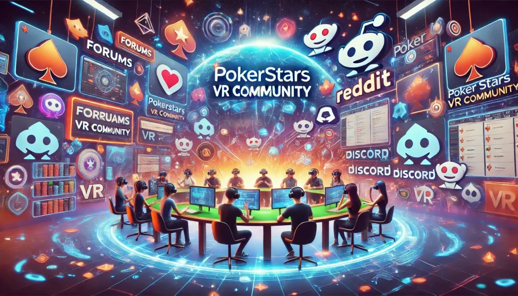 PokerStars VR Community banner featuring avatars, online forums, Reddit, Discord.