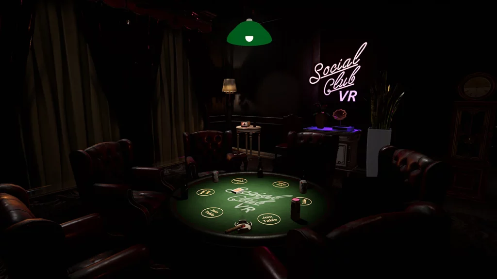 Social Club VR poker table surrounded by leather chairs.