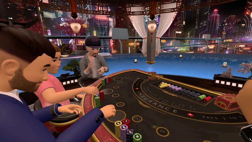 Vegas Infinite gameplay with avatars at a casino table.