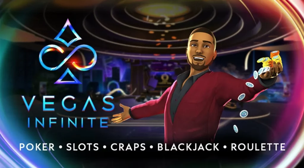 Vegas Infinite promotional banner wih poker, slots, craps, blackjack, and roulette.