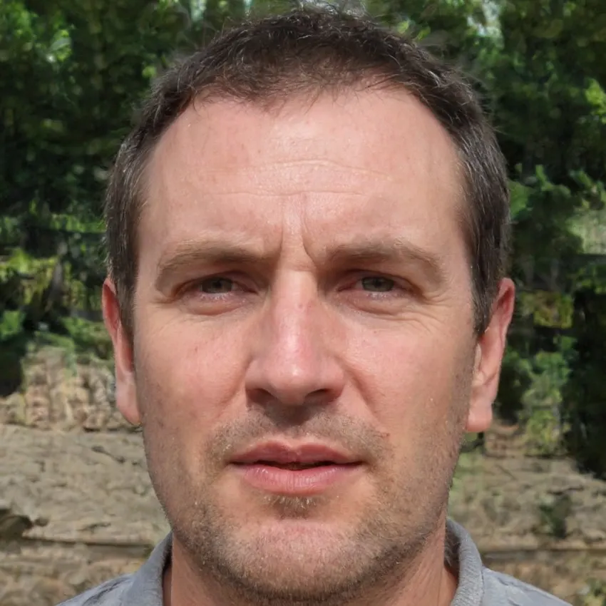 Close-up portrait of Michael Davis, a middle-aged man with short hair, a light stubble, and a serious expression, with a green forest background.