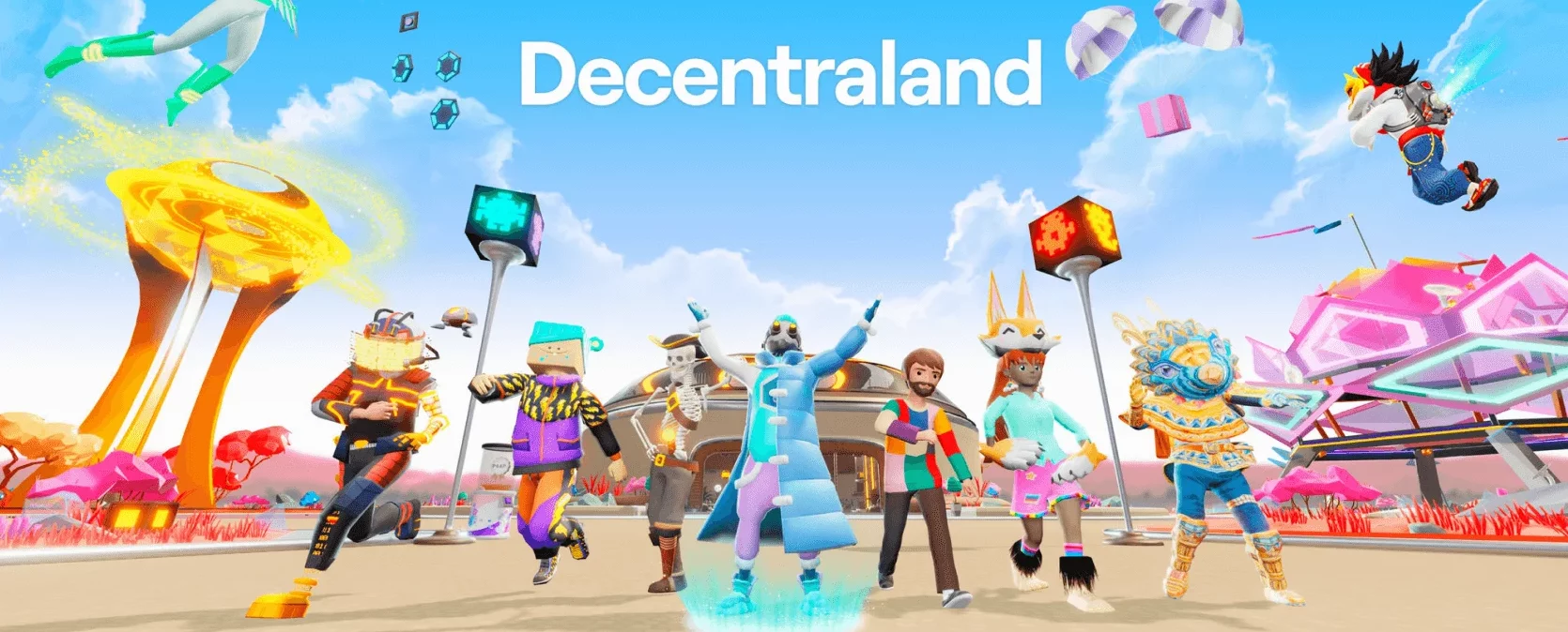 Colorful and dynamic Decentraland metaverse scene featuring diverse avatars.