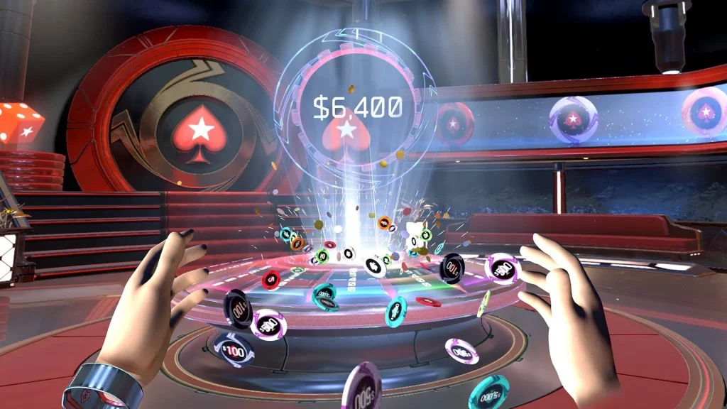 Dynamic online VR poker session with avatars in a luxurious casino.