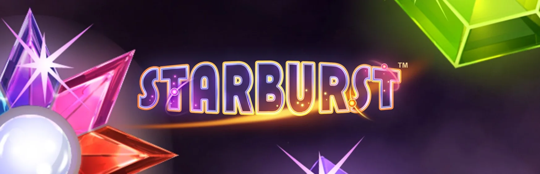 Starburst slot game logo with vibrant gemstones and dark background.